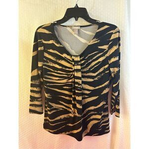 Chicos M(8) top Black Brown Animal Print stripes rn#79984 scoop neck